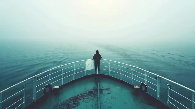 Person standing at bow of ship looking into dense fog