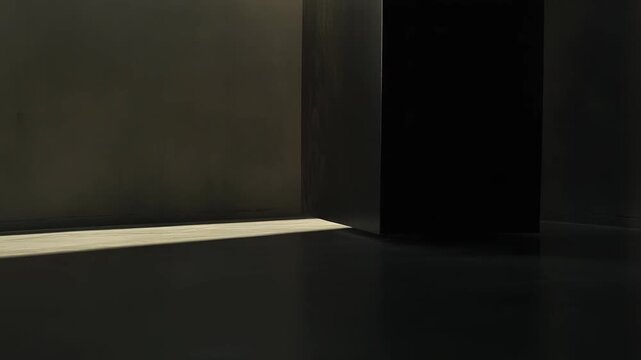 Minimalist interior with light creating geometric forms and casting long shadows on the floor and wall, highlighting artistic contrast and an atmospheric void