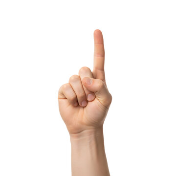 Realistic human hand with raised index finger &ldquo;number one&rdquo; gesture, isolated on transparent background