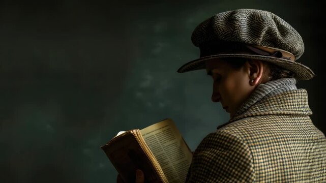 Person in vintage attire reading book dimly lit room
