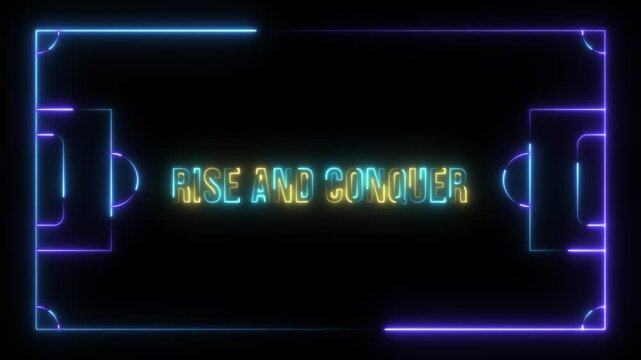 An empowering digital artwork illustrating the phrase "RISE AND CONQUER" in dazzling neon letters, highlighted by a luminous border. 4k video