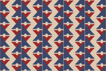 Seamless Geometric Tribal Pattern in Red and Blue.Retro Ethnic Triangle Textile Design. Mid-Century Inspired Tribal Fabric Print. Classic Southwestern Motif Seamless Design. Boho Aztec Style Pattern.