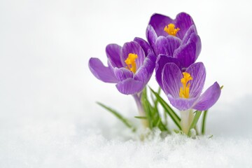 Purple crocuses blooming amidst snowy backdrop