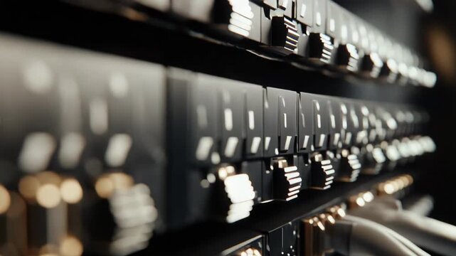 Server rack featuring multiple rows of electronic hardware, network ports with golden connectors, and an array of cables creating complex connections within a large data center