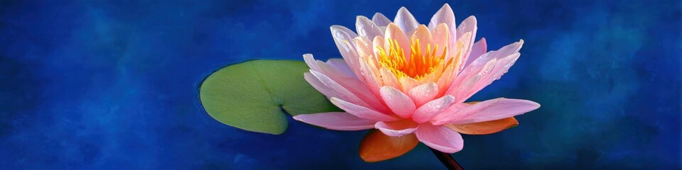 Fototapeta premium Pink water lily with dewdrops on a blue background