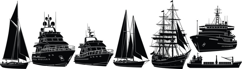 Obraz premium Ship silhouette collection, sailboat vector, yacht icons, cargo vessel artwork, oceanwind illustration, maritime clipart, boat design, nautical graphics, sea transport