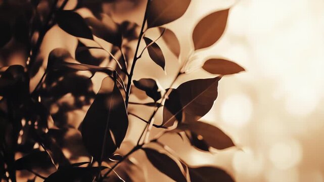 Plant leaves swaying in gentle light, creating a peaceful and serene natural backdrop with soft bokeh circles and warm, inviting tones, evoking tranquility and growth