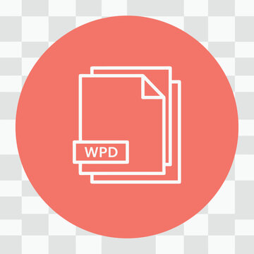 WordPerfect document file stack icon showing wpd extension on white outline documents over red circular background