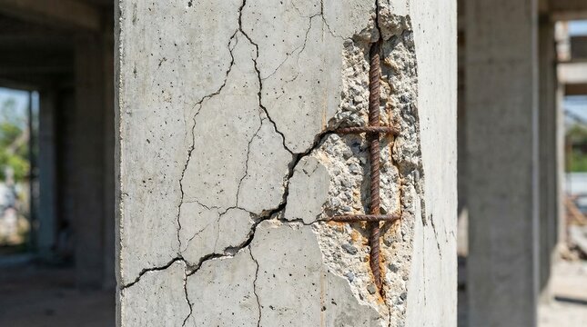 Cracked concrete pillar with exposed rusty metal rod at construction site