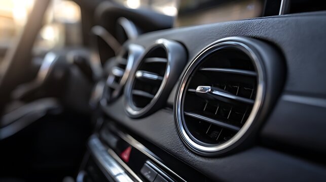 Close-up of circular air conditioning vents on a modern car dashboard