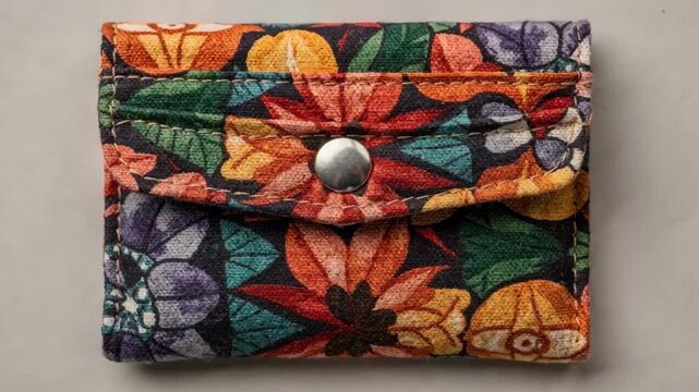 Constructing a fabric cardholder wallet with vibrant patterns showcasing neat stitching and a secure snap closure for functional style.