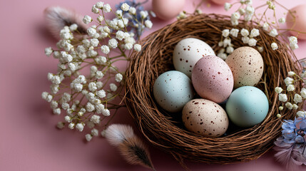 Obraz premium Colorful eggs in nest with flowers on pink background for spring, Easter celebration, seasonal decoration, floral arrangement, pastel display, with copy space