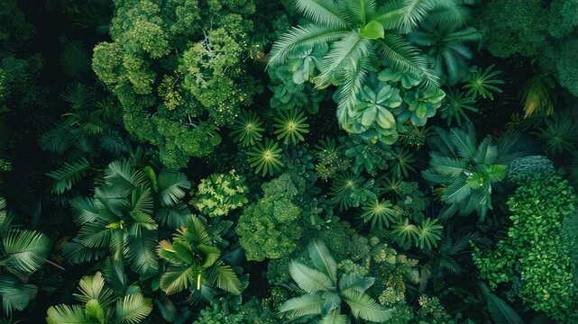 Aerial view of dense tropical foliage with various shades green