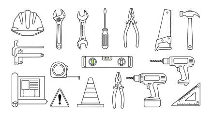 Obraz premium A detailed line drawing illustration showcasing a comprehensive collection of various construction and DIY tools, including safety equipment and measuring devices.