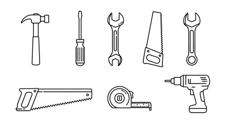 Fototapeta premium A collection of common hand and power tools, including a hammer, screwdriver, wrenches, saws, a tape measure, and a cordless drill, presented in a clean line art style.