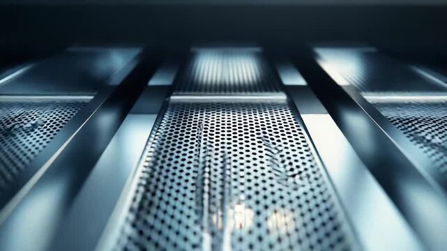 Metallic grid surface creating an abstract geometric pattern, reflecting light and offering a modern industrial background texture for technological and futuristic concepts