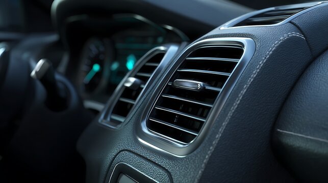 Close-up of modern car dashboard air conditioning vents with leather texture and silver trim