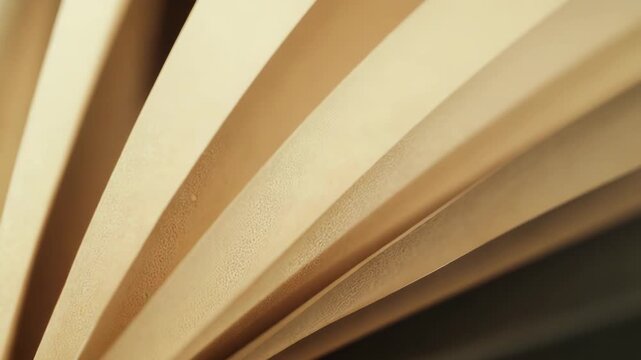 Close up view of beige paper layers forming dynamic abstract waves with light and shadow play, showcasing textured folds and repeating geometrical shapes