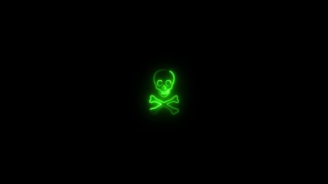 Glowing neon danger icon animation. Pirate skull emoji, corsair cranium, danger, death warning, skeleton.