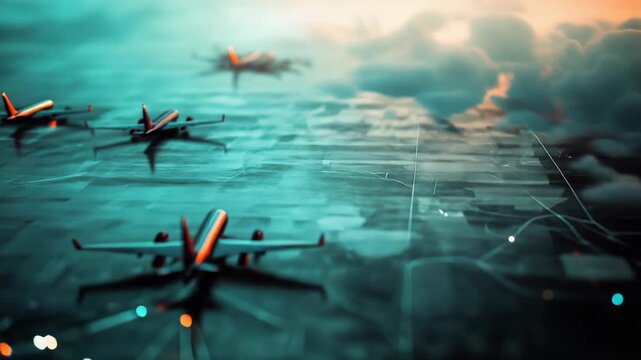 Airplanes standing on a busy airport runway integrated with a glowing digital network, symbolizing global connectivity, advanced aviation logistics, and modern transportation technology