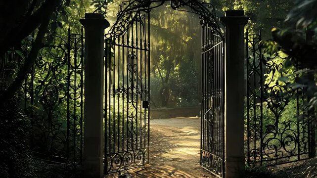 Ornate open gates leading to sunlit pathway surrounded by lush foliage