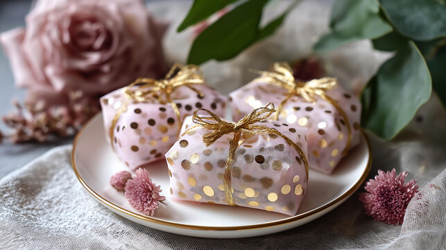 Festive and light pastel soft pink and gold confetti party favors, gentle celebration, elegant party decorations, romantic festivity, delicate palette, with copy space