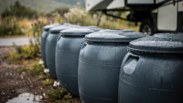 Medium shot of rain barrels lined up beside an RV site with raindrops glistening and native plants blurred softly in the background emphasizing sustainable water collection