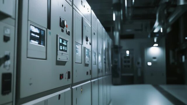 Industrial control room with a row of technical equipment panels displaying digital diagrams and data, managing complex industrial processes and automation systems for energy distribution