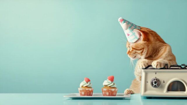 A ginger cat bakes cupcakes, peeking over a vintage toaster