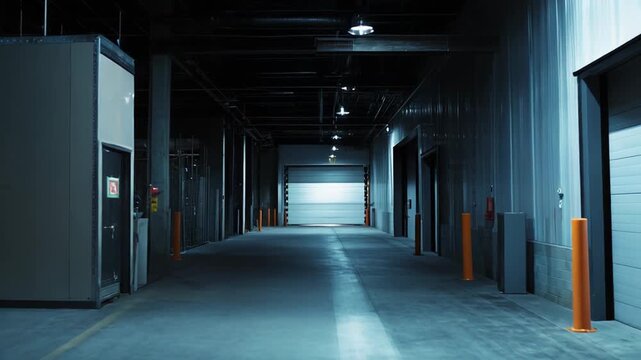 Empty long industrial corridor with a closed loading dock roller door, reflecting cold fluorescent light on the concrete floor, emphasizing a sense of quiet storage and logistics inside the building