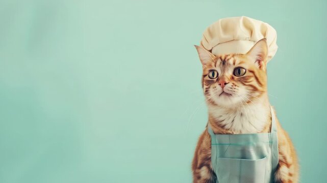 A ginger cat dressed as a chef with toque blanche gazes up thoughtfully