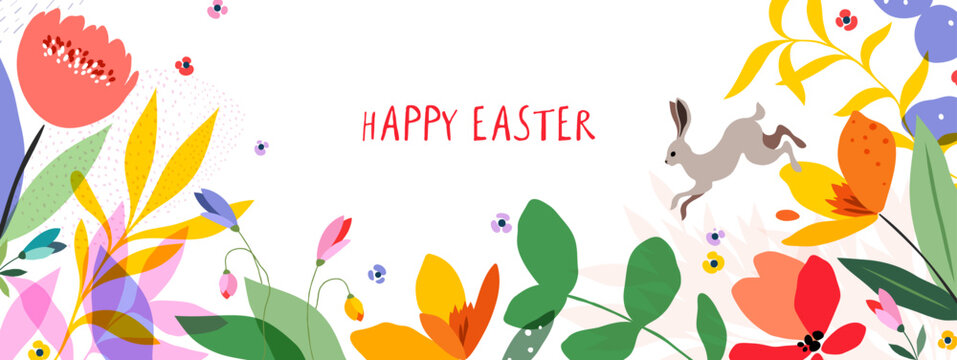 Modern abstract flowers and leaves background with Happy Easter greetings and  bunny. Springtime frame background. Poster, Easter, Womens Day, Mothers Day, March 8, birthday, children&rsquo;s art workshops.