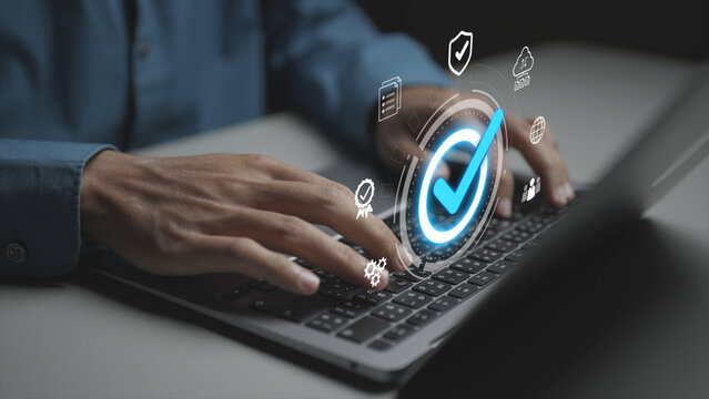 Quality assurance concept. Person using laptop with quality control and checklist icons, process verification, compliance management and performance improvement.