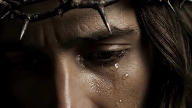 Close-up of jesus christ in a crown of thorns crying with a tear on his cheek, reflecting the crucifixion in his eye against a dark background, concept of sacrifice and redemption