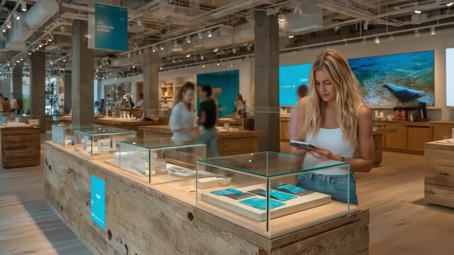 Woman browsing in a modern store with display cases and other customers