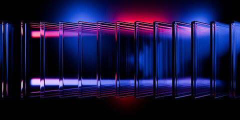 Cyber elements made of transparent glass and liquid acrylic purple blue glow on black backdrop cinematic tech background design cover art visuals 3d rendering © IM_VISUALS