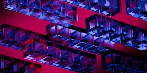 Cyberfuturistic transparent glass cubes elements and liquid acrylic red purple blue glow on black backdrop cinematic tech background design cover art visuals 3d rendering © IM_VISUALS
