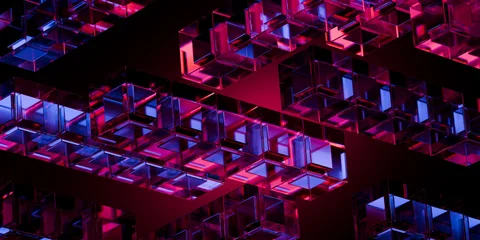 Cyberfuturistic transparent glass cubes elements and liquid acrylic red purple blue glow on black backdrop cinematic tech background design cover art visuals 3d rendering © IM_VISUALS