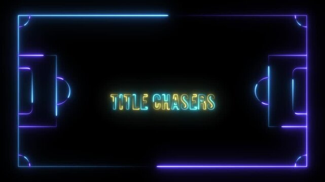 Dynamic neon text "Title Chasers" with glowing blue and purple frame on black background.