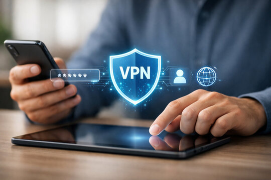 Business professional using smartphone and tablet with glowing VPN shield interface for secure data transmission and private internet access