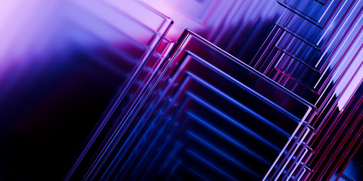 Cyber elements made of transparent glass and liquid acrylic purple blue glow on black backdrop cinematic tech background design cover art visuals 3d rendering