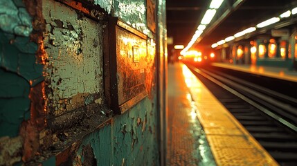 Subway platform at sunset with approaching train and peeling paint