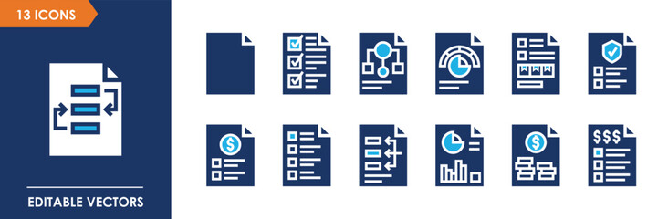 Modern Business Document File Icons Set in Flat Blue Corporate Style
