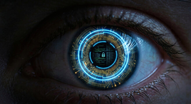 Biometric eye scanner concept, digital retina iris lock, cyber security technology art