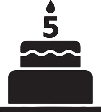 Black silhouette of a two tiered birthday cake with a lit candle showing the number five also transparent background