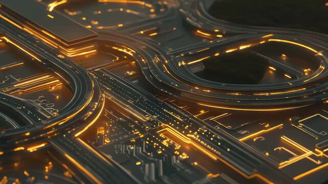 Futuristic city highway interchange with glowing data lines and energy streams weaving between roads, visualizing a smart urban network for autonomous traffic and connected systems