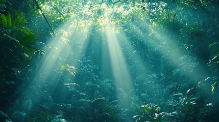 Obraz premium Sunbeams illuminate lush tropical rainforest canopy (1)