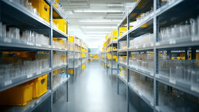 Medium shot highlighting a clean welllit optical lens storage room focused on systematic inventory management and accessibility.