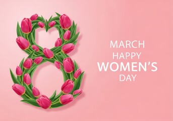 International Women's Day number 8 made of pink tulips and leaves
