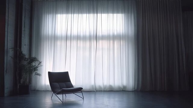 Minimalist modern armchair sitting in an empty, tranquil room with a large window covered by sheer white curtains, creating a soft, filtered light and peaceful atmosphere